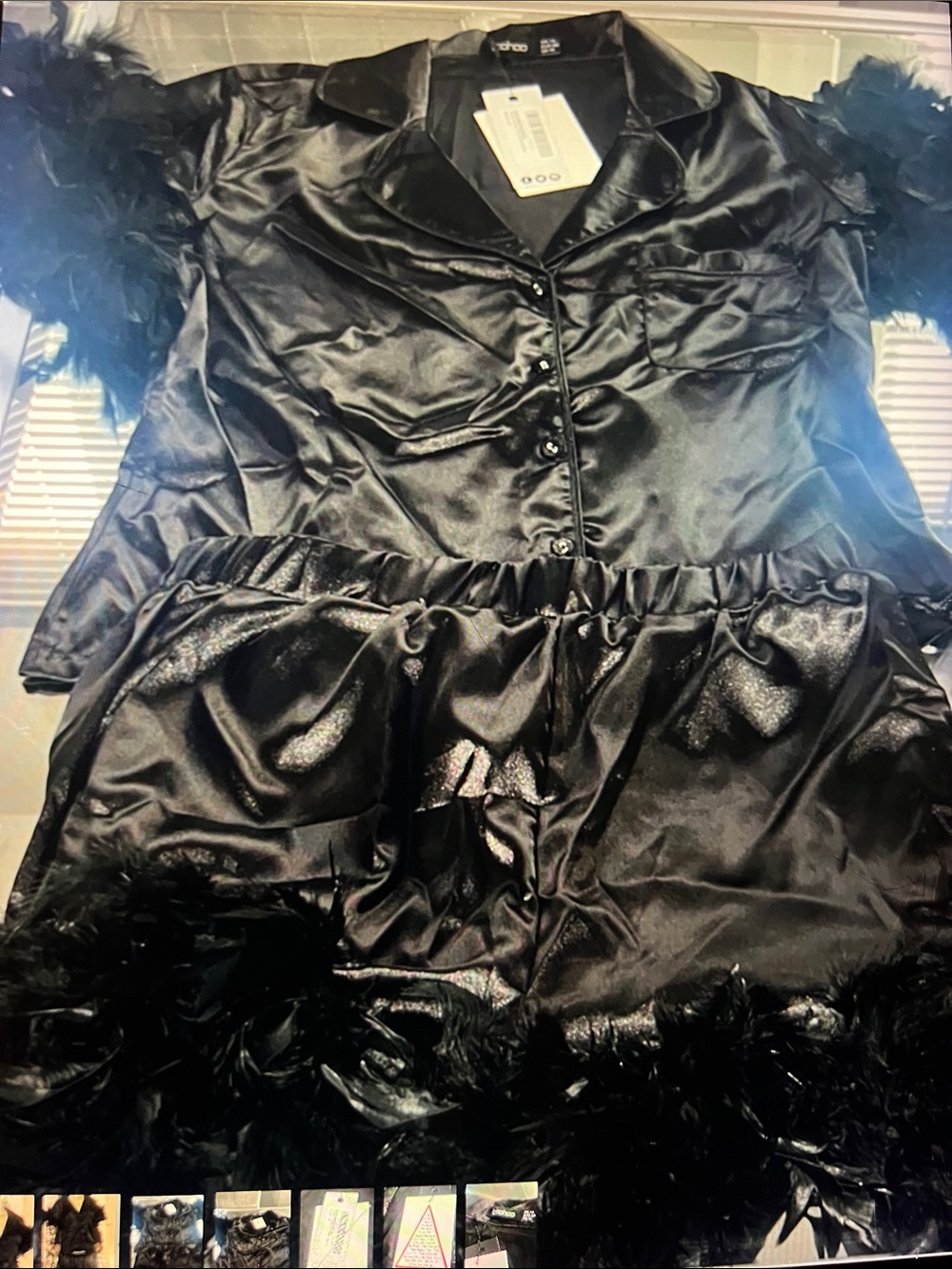 Black Satin Button-Up Top with Feather Trim - Picture 3 of 7